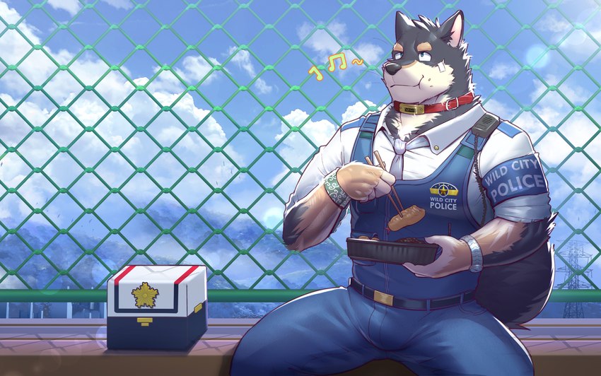 anthro bento_box biped black_body black_fur collar eating eating_food fur male muscular muscular_anthro muscular_male red_collar solo white_body white_fur glinfoxart polidog_patrol shibakuro canid canine canis domestic_dog mammal 2023 absurd_res hi_res