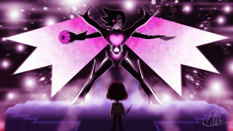 blaster duo heart_symbol knife machine not_furry soul wings pdubbsquared undertale undertale_(series) mettaton mettaton_neo human humanoid mammal robot 16:9 wallpaper widescreen