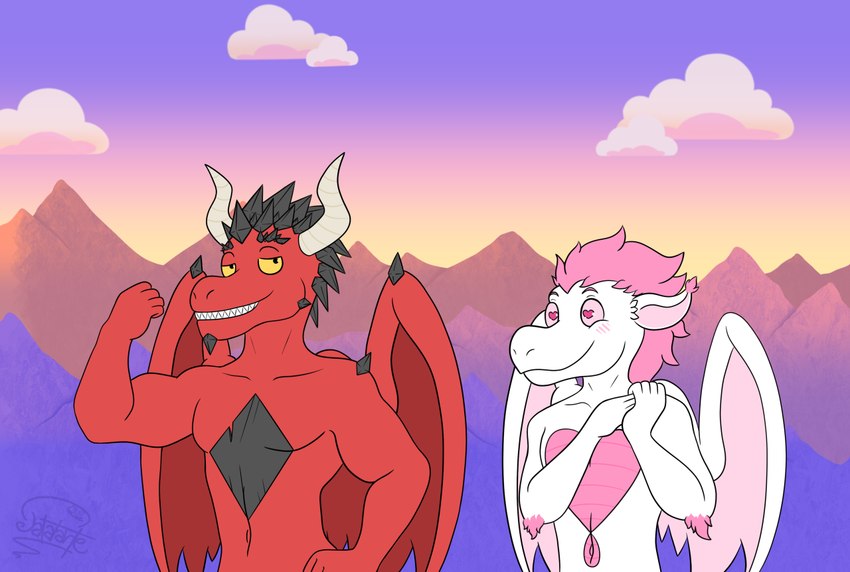 2_horns anthro arm_spikes arm_tuft biped black_spikes blush cheek_spikes chest_spike closed_smile cloud cloudy_sky duo ear_tuft elbow_tuft eyebrow_spikes facial_spikes femboy flexing flexing_bicep grinning_at_viewer hair hand_on_hip hand_on_own_hip head_spikes heart_on_body heart_pupils holding_own_hand horn humanoid_pointy_ears looking_at_another looking_at_viewer love male male/male membrane_(anatomy) membranous_wings mountain mouth_closed muscular muscular_male navel non-mammal_navel outside pink_hair pointy_ears purple_sky red_body red_scales scales shoulder_spikes sky smile spikes spikes_(anatomy) tuft white_body white_scales wing_spikes wings yellow_sclera patatarte european_mythology mythology six_legends foam_(six_legends) junior_(six_legends) dragon mythological_creature mythological_scalie scalie western_dragon winged_dragon 2023 digital_drawing_(artwork) digital_media_(artwork) half-length_portrait portrait signature