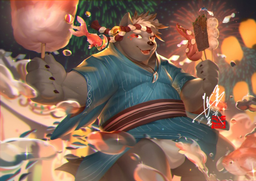 anthro asian_clothing black_body black_fur clothed clothing detailed_background east_asian_clothing festival fireworks food fundoshi fur humanoid_hands japanese_clothing kemono male night outside overweight overweight_anthro overweight_male solo underwear jmeo1230 canid canine canis domestic_dog mammal 2021 absurd_res hi_res