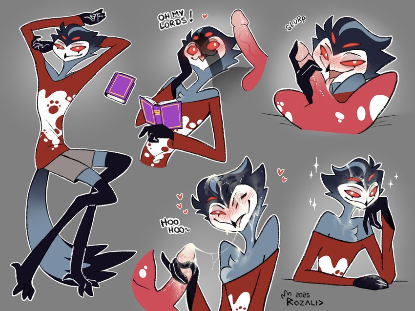 anthro beak blush bodily_fluids book clothed clothed_sex clothing cum cum_in_hair cum_in_mouth cum_inside cum_on_eye cum_on_face cum_on_hand cum_on_penis distracted duo feet fellatio first_person_view fluffy fluffy_chest genital_fluids genitals grey_background grey_hairband hair humanoid_genitalia humanoid_penis looking_at_another looking_at_genitalia looking_at_penis looking_at_viewer looking_pleasured male male/male one_eye_closed oral penile penis pose presenting presenting_penis red_penis red_sclera sex simple_background surprised_expression talons text toes white_eyes wide_eyed rozalid helluva_boss stolas_(helluva_boss) imp owl_demon 2025 english_text flat_colors full-length_portrait half-length_portrait hi_res pinup portrait