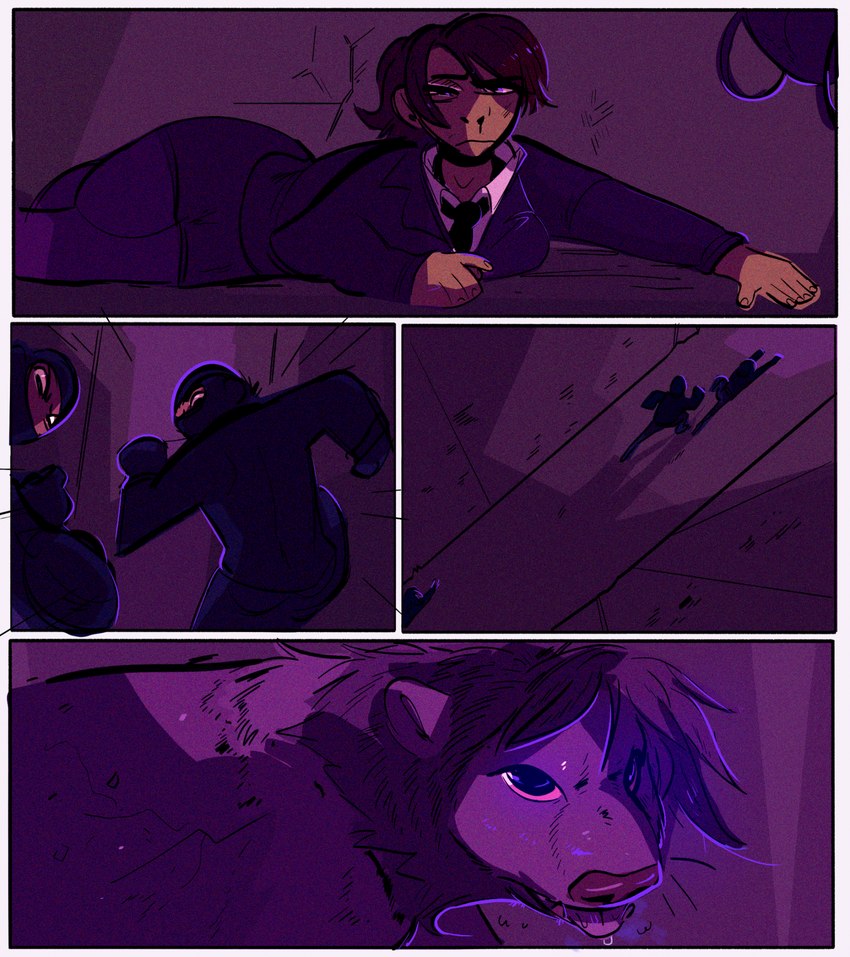 anthro being_watched black_cothing black_eyes bodily_fluids chasing covered_face drunk feral group lies looking_at_another male male/male purple_body purple_eyes saliva saliva_on_tongue solo_focus substance_intoxication tongue tongue_out trio zoba_(artist) felid human lion mammal pantherine comic hi_res