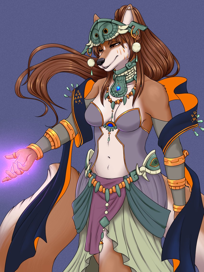 anthro black_nose breasts brown_body brown_fur brown_hair clothed clothing cosplay ear_piercing female fur glowing_hand hair navel piercing secret_stone secret_stone_of_spirit solo tail ajna nintendo tears_of_the_kingdom the_legend_of_zelda mineru canid canine canis fox hybrid mammal wolf 3:4 hi_res