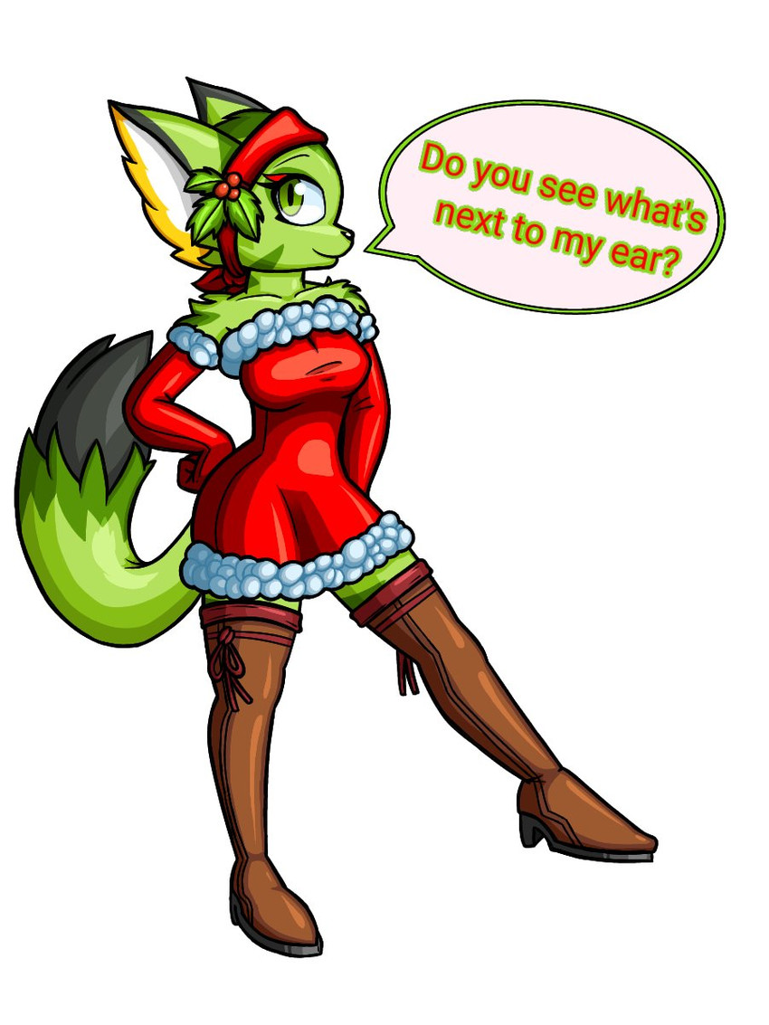 absolute_territory anthro armwear breasts clothed clothing dialogue dress elbow_gloves female fur gloves green_body green_eyes green_fur handwear holidays holly_(plant) legwear plant solo stockings text thigh_highs gerald_serault christmas freedom_planet galaxytrail carol_tea felid feline felis mammal wildcat 3:4 english_text hi_res