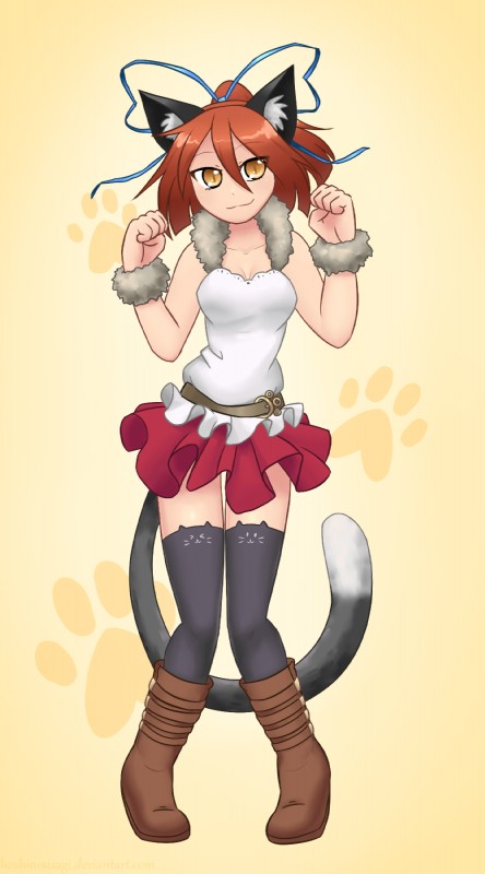 accessory amber_eyes black_body black_fur bottomwear brown_hair clothing female fur hair hair_accessory hair_ribbon legwear light_body light_skin orange_hair red_hair ribbons skirt solo stockings white_body white_fur yellow_eyes hoshinousagi huniepop momo_(huniepop) animal_humanoid cat_humanoid felid felid_humanoid feline feline_humanoid humanoid mammal mammal_humanoid hi_res