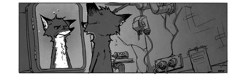 angry anthro deodorant inside looking_at_mirror looking_at_object male mirror nude solo samur_shalem disney zootopia nick_wilde canid canine fox mammal red_fox true_fox 2016 monochrome story_at_source