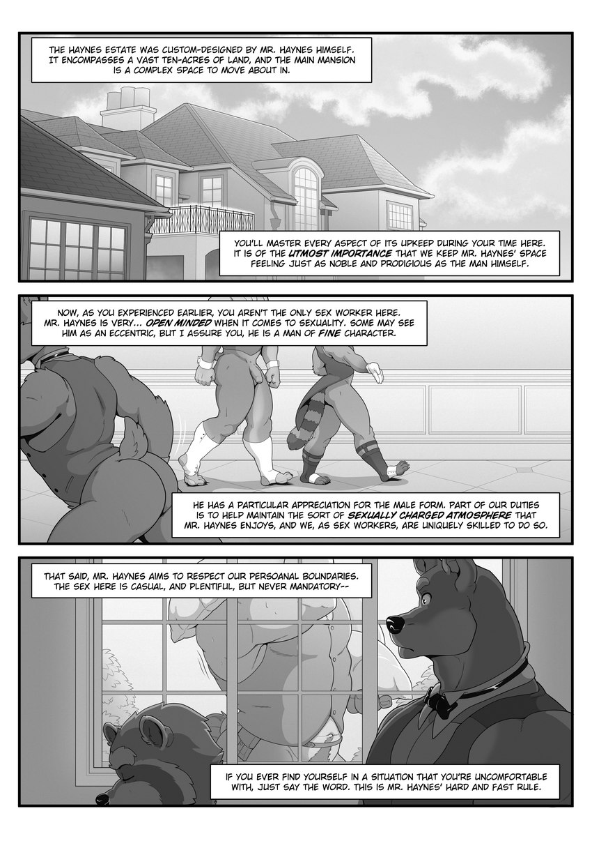 anthro bottomless bottomless_male bow_tie butt clothed clothing dialogue flaccid genitals male mansion muscular muscular_male penis text thick_thighs window thepurp blake_(thepurp) finn_(thepurp) hudson_(thepurp) roman_(thepurp) belgian_draft_horse canid canine canis dobermann domestic_dog draft_horse equid equine horse lagomorph leporid mammal pinscher procyonid rabbit raccoon absurd_res comic english_text greyscale hi_res monochrome