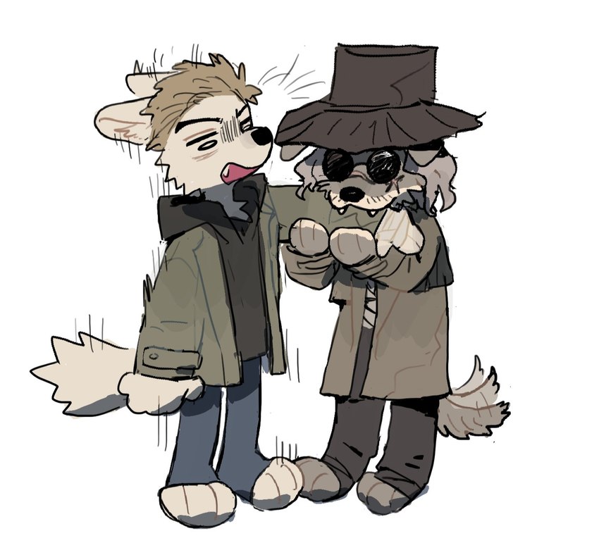 alternate_species anthro arm_bite bandage bite biting_another biting_arm black_nose blonde_hair bottomwear chibi clothed clothed_anthro clothed_male clothing duo ears_back eyewear facial_hair facial_scar fangs fur furrification glasses grey_body grey_fur grey_hair hair hat headgear headwear jacket light_body light_fur male male/male male_anthro open_mouth pants pivoted_ears round_glasses scar simple_background tail tail_motion tailwag teeth topwear wearing_glasses white_background axian6777 capcom resident_evil ethan_winters karl_heisenberg canid canine canis domestic_dog mammal 2024 digital_drawing_(artwork) digital_media_(artwork) hi_res