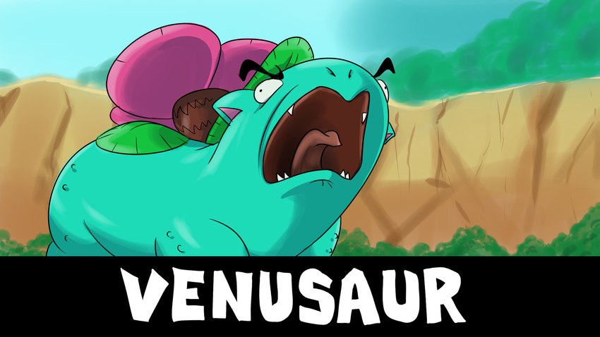 ambiguous_gender feral floating_eyebrows open_mouth outside plant quadruped solo standing teeth text tongue white_text yelling ergomancy awesome_(series) nintendo pokemon elemental_creature flora_fauna generation_1_pokemon pokemon_(species) venusaur 16:9 2020 colored digital_drawing_(artwork) digital_media_(artwork) english_text hi_res shaded species_name widescreen