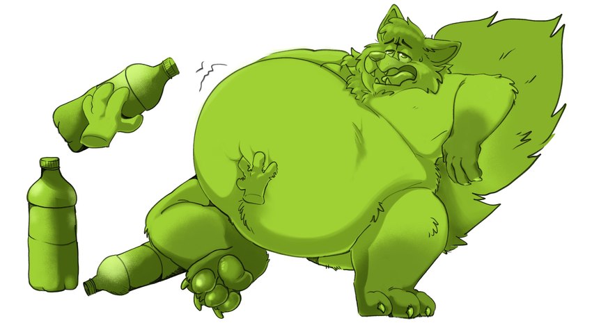 3_toes 4_fingers anthro belly_tuft beverage big_tail bloated claws disembodied_hand facial_tuft feet fingers fur green_body green_fur hand_on_belly head_tuft holding_object looking_tired male motion_lines multicolored_body multicolored_fur neck_tuft obese obese_anthro obese_male overweight overweight_anthro overweight_male pawpads reclining reclining_pose sharp_teeth simple_background soda soda_bottle solo tail teeth thick_thighs toe_claws toes tongue tuft two_tone_body two_tone_fur white_background technocaster canid canine canis fox mammal hi_res