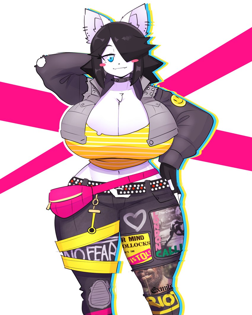 alternative_fashion anthro arm_by_side arms_bent band_merch big_breasts black_hair blue_eyes blush blush_stickers bottomwear breasts cleavage clothed clothing cropped_jacket ear_piercing fanny_pack female hair hair_over_eye heart_bottomwear heart_clothing heart_pants heart_print heart_symbol huge_breasts looking_at_viewer midriff one_eye_obstructed open_clothing open_topwear pants piercing print_bottomwear print_clothing print_pants punk raised_arm red_cheeks shirt short_hair short_tail simple_background smile solo standing straight_legs t-shirt tail text text_on_clothing thick_thighs topwear wide_hips y2k_(graphic_design) theycallhimcake death_grips exmilitary london_calling no_fear_(brand) sex_pistols the_clash maggie_applebee canid canine canis domestic_dog mammal absurd_res colorful_theme hi_res