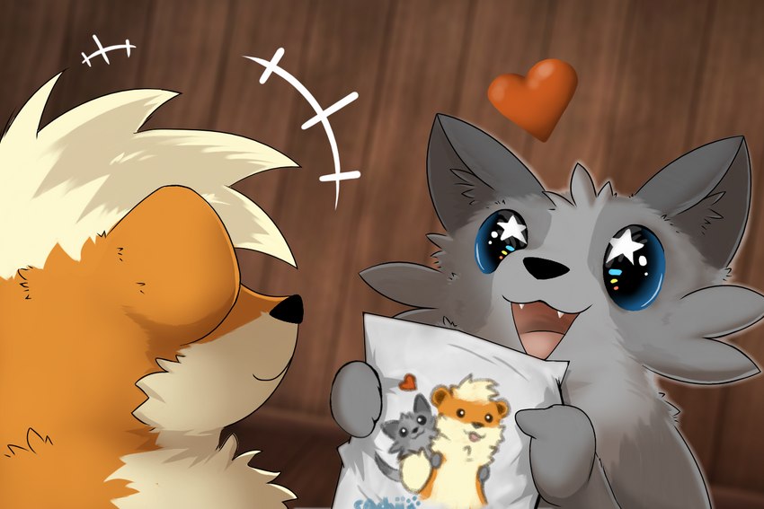 :3 beady_eyes crossbar_emanata daww duo emanata feral fur grey_body grey_fur happy heart_above_head heart_symbol holding_art holding_object open_:3 open_mouth orange_body orange_fur paper starry_eyes tongue resachii nintendo pokemon sachii_(resachii) canid canine domestic_ferret generation_1_pokemon growlithe gulonine hybrid mammal marten mustelid musteline pokemon_(species) true_musteline weasel 3:2