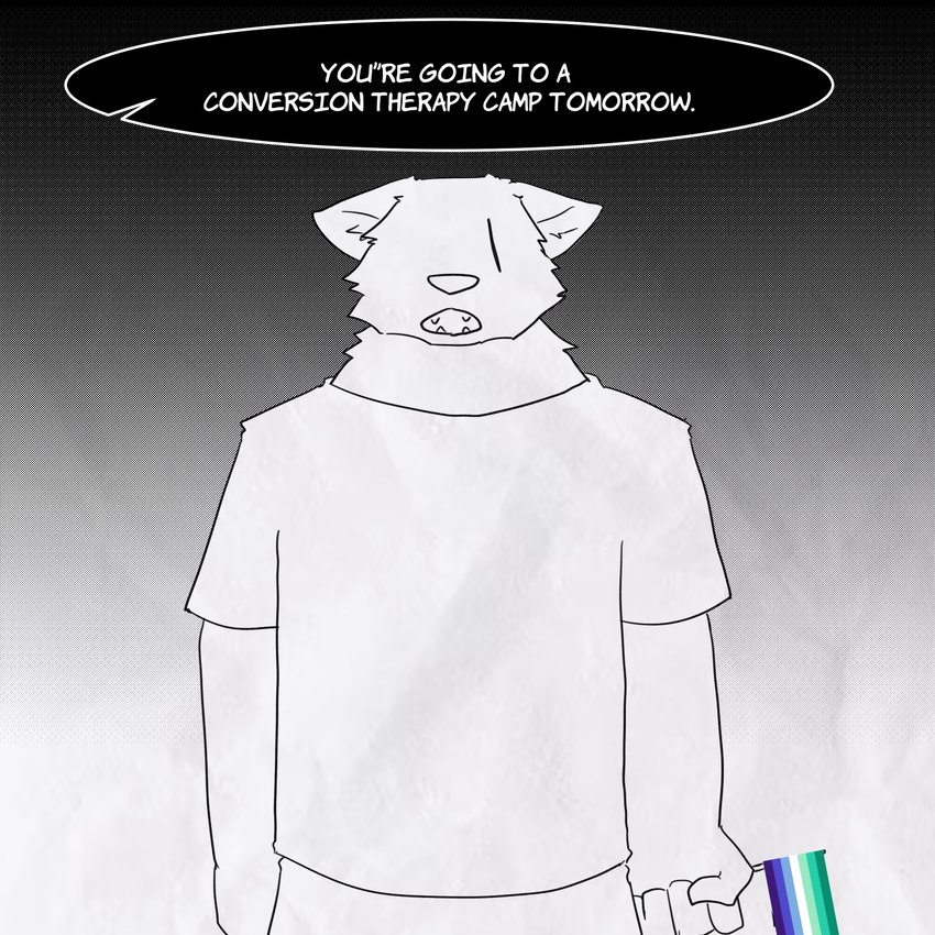 anthro biped clothing eyeless fangs fur homophobia lgbt_pride male pride_colors shirt solo standing teeth topwear vent_art vincian_pride_colors white_body white_fur fenrirwolfen canid canine canis mammal wolf 1:1 2024 hi_res