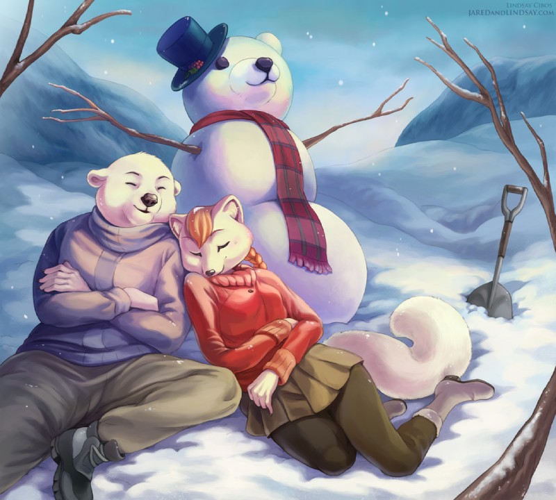 anthro breasts clothed clothing duo female fully_clothed hat headgear headwear male scarf shovel snow snowman tools winter lindsay_cibos bear canid canine fox mammal polar_bear ursine