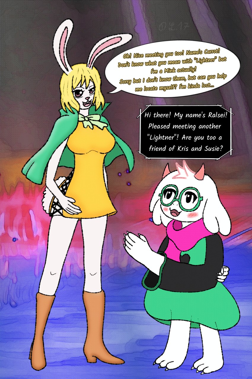 3_toes anthro barefoot breasts claws clothed clothing dark_world duo feet female food paws plant plantigrade text toes vegetable devluca17 deltarune one_piece undertale_(series) carrot_(one_piece) ralsei absurd_res crossover digital_media_(artwork) english_text hi_res ibispaint_(artwork)