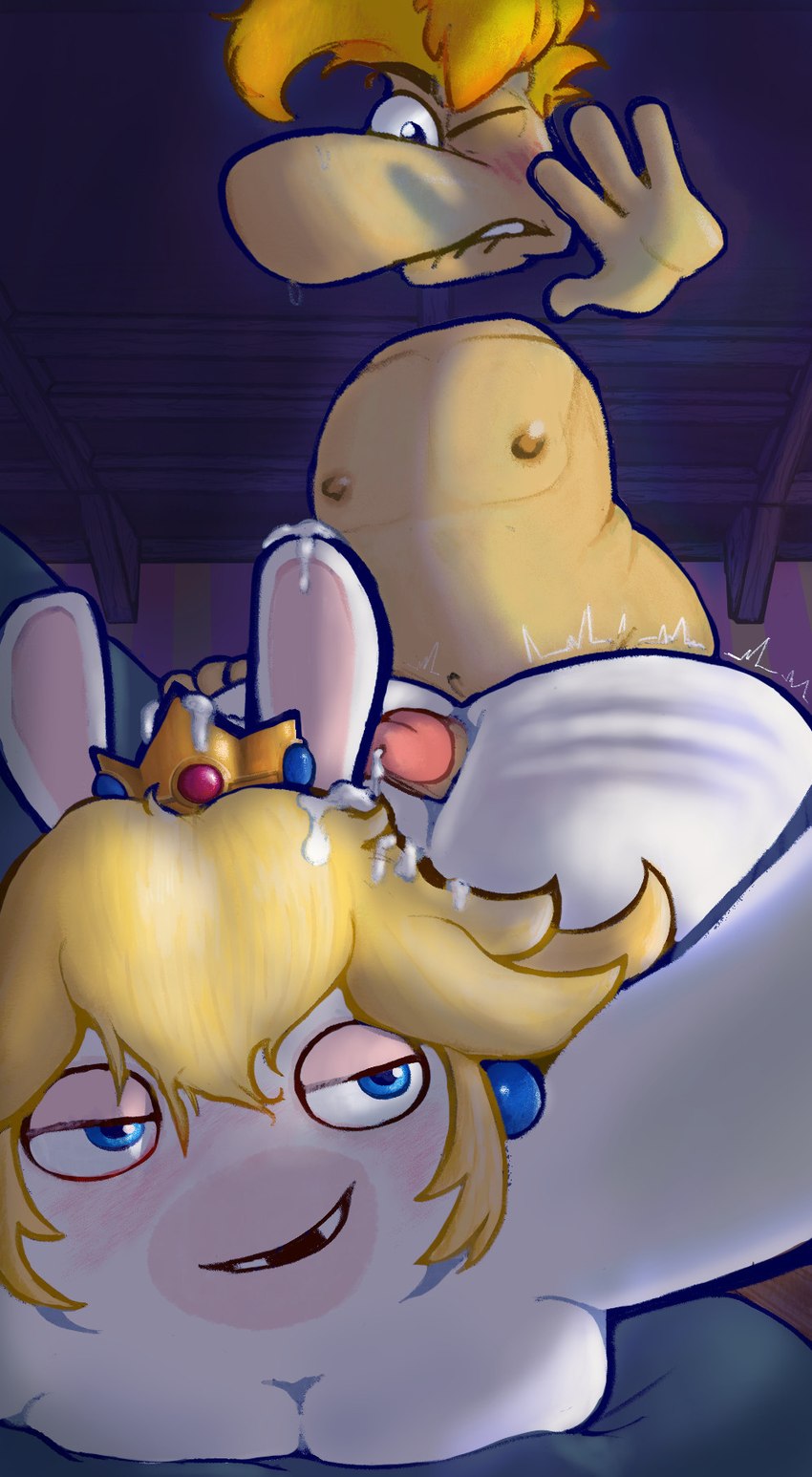 anthro big_butt bodily_fluids butt caught_off_guard cum cum_in_hair duo female furniture genital_fluids hair hot_dogging male male/female selfie sex sofa bajaboobey mario_bros mario_plus_rabbids_kingdom_battle nintendo raving_rabbids rayman_(series) ubisoft rabbid_peach humanoid lagomorph mammal rabbid crossover hi_res