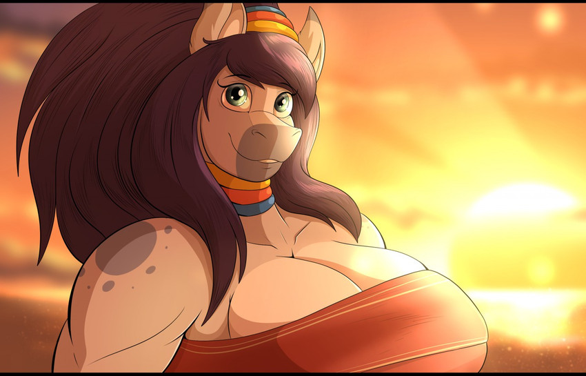 anthro breasts cleavage clothed clothing eyes_closed female fur grey_body grey_fur hair looking_at_viewer purple_hair seaside smile solo sunset water robthehoopedchipmunk malina_(rthc) equid equine horse mammal 2020 digital_drawing_(artwork) digital_media_(artwork)