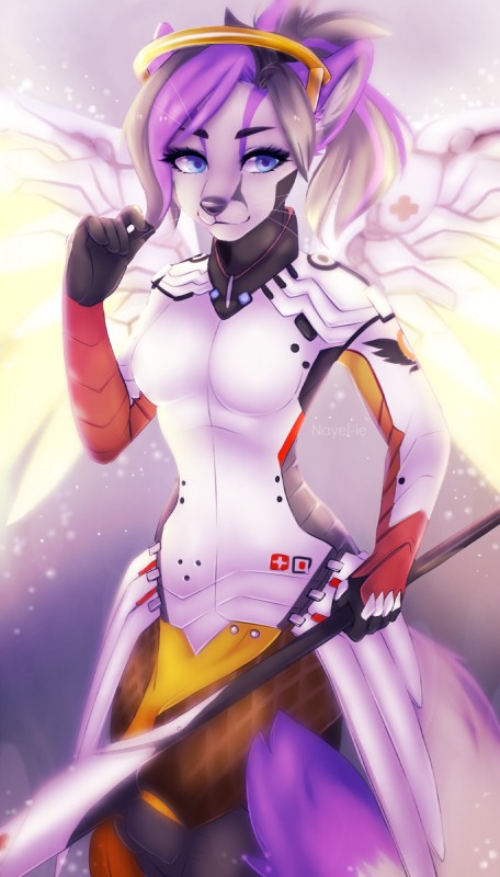 anthro black_hair blue_eyes clothed clothing cosplay energy_wings eyebrows eyelashes female fully_clothed fur hair holding_object looking_at_viewer mechanical_wings purple_body purple_fur purple_hair smile solo spread_wings standing unusual_anatomy unusual_wings weapon wings nayel-ie blizzard_entertainment overwatch mercy_(overwatch) canid canine mammal 2020 digital_media_(artwork) hi_res