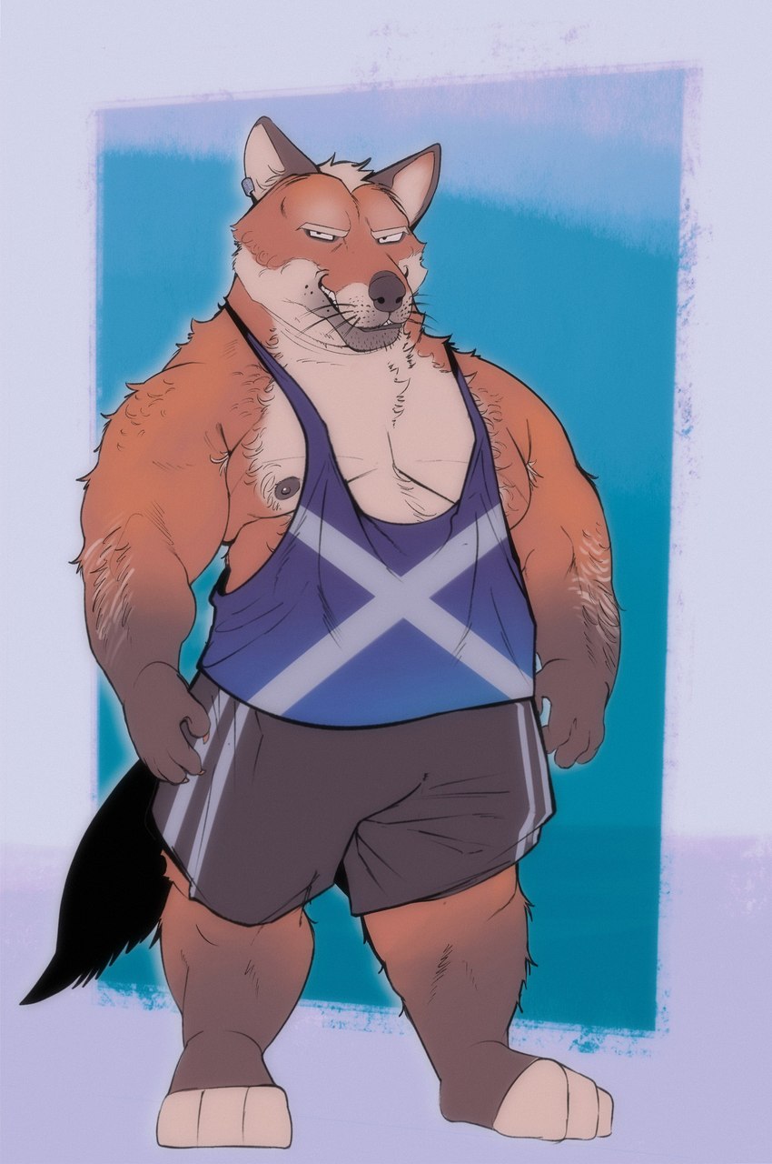 anthro arm_hair arm_tuft armpit_hair barazoku belly_hair belly_tuft biceps blonde_hair blue_background blue_clothing blue_shirt blue_tank_top blue_topwear body_hair border bottomwear chest_hair clothing deltoids dimple ear_piercing elbow_tuft forearm_hair forearms front_view grin grinning_at_viewer hair hairy leg_hair leg_tuft looking_at_viewer male manly mature_male muscle_shirt musclegut muscular muscular_arms muscular_legs nipples pecs piercing shirt short shorts shoulder_hair shoulder_tuft simple_background slightly_chubby smile solo stubble tank_top topwear triceps tuft white_border burrserk sinclair_(wolfenxlr) canid canine fox mammal 2025 absurd_res hi_res