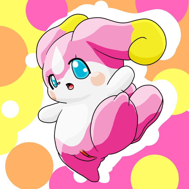 anthro blue_eyes eyelashes featureless_limbs female fur genitals jumping multicolored_body multicolored_fur open_mouth pink_body pink_fur pussy solo white_body white_fur yellow_body yellow_fur kyuubi360 himitsu_no_cocotama teppuru_(cocotama) cocotama 1:1