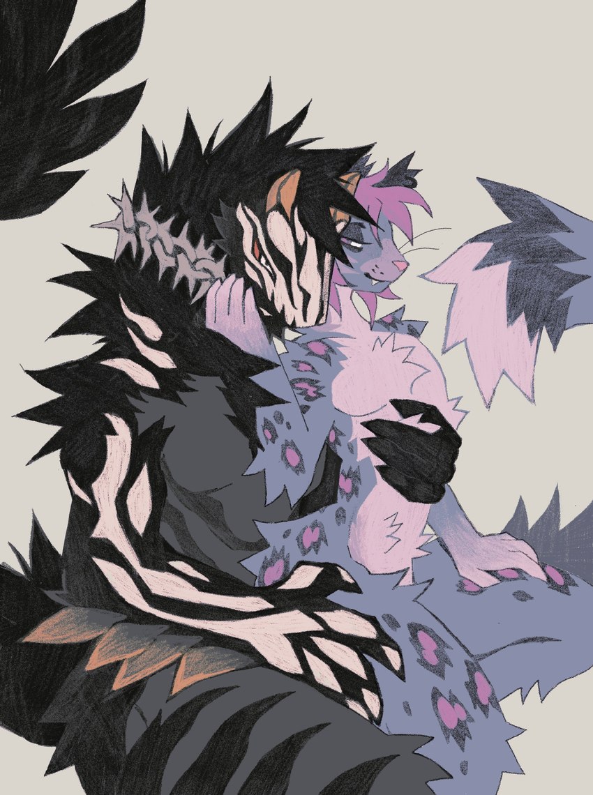 anthro anthro_on_anthro arm_tuft black_body black_fur black_hair blue_body blue_fur chest_tuft countershading duo ear_tuft elbow_tuft fangs fur grey_body grey_fur hair hand_on_another's_chest hand_on_another's_head male male/male male_anthro pink_body pink_countershading pink_fur purple_body purple_eyes purple_fur purple_hair red_sclera simple_background sitting sitting_on_another smile tail tail_tuft tan_background teeth tuft white_eyes thorn_paw cyrus_(sanctus_sol) hayloft_(character) allosaurid allosaurus dinosaur felid leopard mammal pantherine prehistoric_species reptile scalie snow_leopard theropod 2025 absurd_res digital_drawing_(artwork) digital_media_(artwork) hi_res