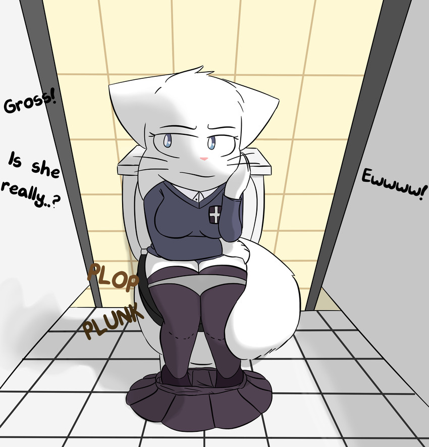 annoyed anthro bathroom biped blue_eyes bottomwear bottomwear_down breasts clothed clothing feces female footwear fur grey_clothing grey_panties grey_underwear implied_scat legwear panties pants pants_around_ankles pants_down partially_clothed pooping school_uniform shaming shoes sitting skirt skirt_down solo sweater text thigh_highs toilet toilet_use topwear underwear uniform white_body white_fur notmypornaccount bittersweet_candy_bowl lucy_(bcb) domestic_cat felid feline felis khao_manee mammal 2020 absurd_res digital_media_(artwork) english_text hi_res young_(lore)