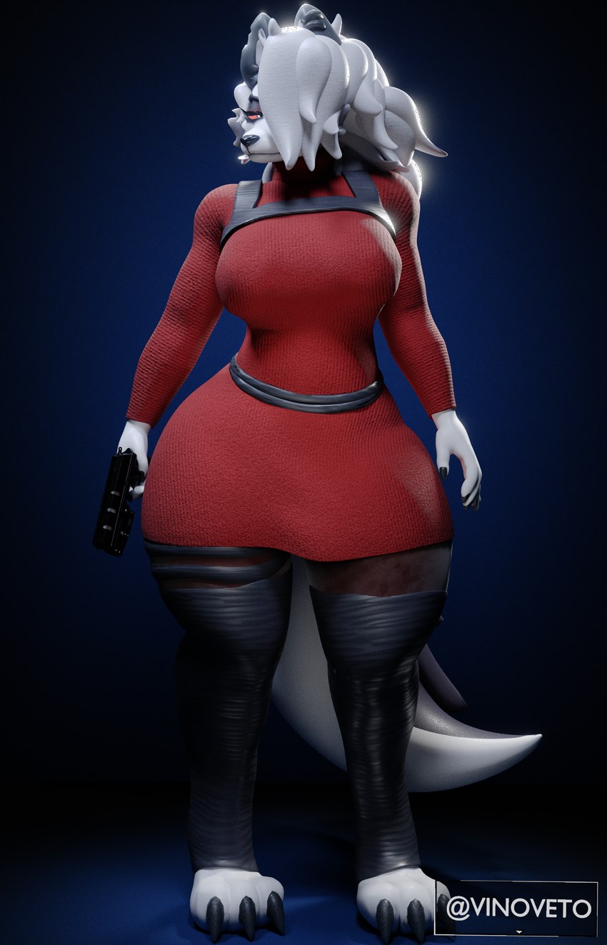 anthro big_breasts breasts clothing cosplay female fur gun looking_at_viewer ranged_weapon simple_background solo sweater thick_thighs tight_clothing topwear turtleneck weapon white_body white_fur wide_hips vinoveto capcom helluva_boss mythology resident_evil loona_(helluva_boss) canid canid_demon canine demon hellhound mammal mythological_canine mythological_creature 3d_(artwork) absurd_res crossover digital_media_(artwork) hi_res