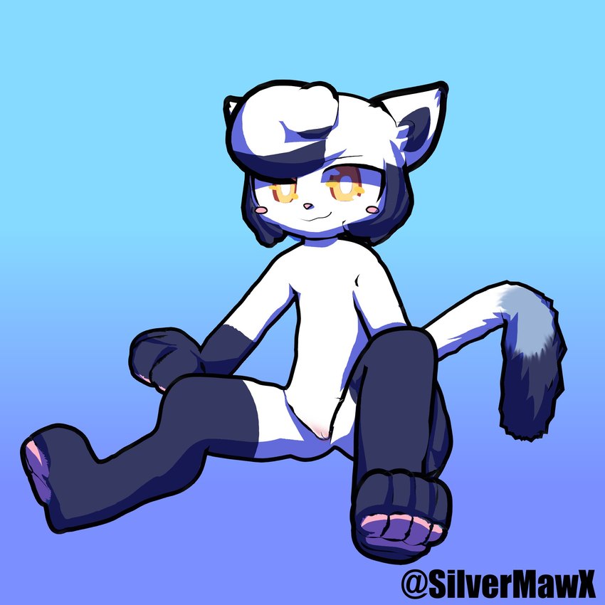 4_toes anthro barely_visible_genitalia barely_visible_pussy black_body black_fur blue_background blush body_blush crotch_lines cute_pose dipstick_tail featureless_chest feet female front_view fur genitals glistening glistening_eyes gloves_(marking) gradient_background hair innie_pussy kemono leg_markings looking_at_viewer markings nude nude_anthro nude_female on_ground pawpads paws pink_nose pink_pawpads pussy pussy_blush simple_background sitting small_pussy smile socks_(marking) solo square_eyes tail tail_markings toes v-cut white_body white_fur yellow_eyes silvermawx_(artist) seabird_(yonkagor) felid feline mammal 1:1 3d_(artwork) artist_name digital_drawing_(artwork) digital_media_(artwork) hi_res