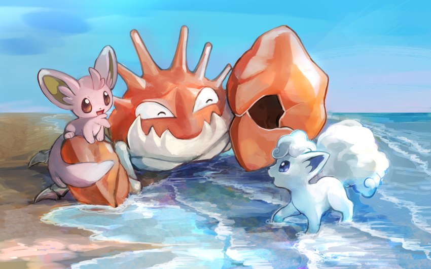 ^_^ ambiguous_gender beach blue_eyes blue_sky brown_eyes day empty_eyes eye_contact eyes_closed from_side group happy horizon looking_at_another mouth_closed open_mouth open_smile outside revision sand sea sitting sky smile standing trio water day_walker1117 nintendo pokemon alolan_form alolan_vulpix arthropod crab crustacean decapoda generation_1_pokemon generation_5_pokemon generation_7_pokemon kingler malacostracan marine minccino pokemon_(species) regional_form_(pokemon) 2025 digital_media_(artwork) digital_painting_(artwork) full-length_portrait painting_(artwork) portrait