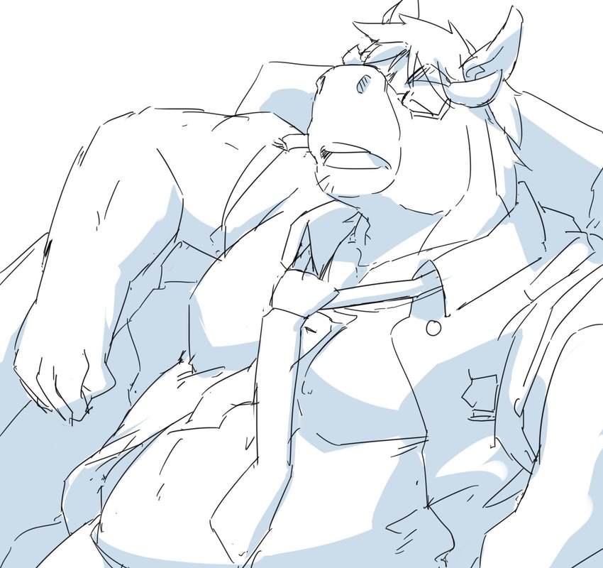 anthro clothed clothing eyes_closed eyewear glasses humanoid_hands kemono male necktie open_clothing open_shirt open_topwear shirt slightly_chubby solo topwear train_(artist) equid equine horse mammal 2022 hi_res monochrome sketch