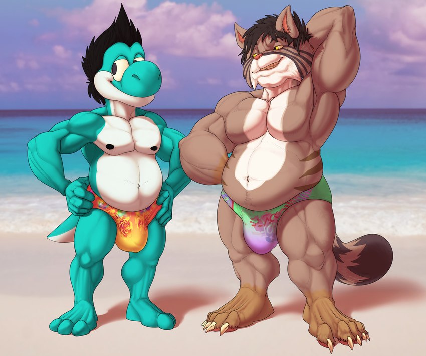 3_toes 4_toes 5_fingers anthro barefoot beach belly biceps big_belly big_biceps big_deltoids big_eyes big_head big_pecs black_hair black_nipples blue_body blue_scales blue_sky blue_water brown_arms brown_belly brown_chest brown_ears brown_eyebrows brown_feet brown_hair brown_head brown_legs brown_markings bulge cheek_tuft claws closed_smile clothed clothing cloud day deltoids duo dwarfism ear_tuft eyebrows facial_markings facial_stripes facial_tuft feet fingers green_clothing green_speedo green_swimwear grin hair half-closed_eyes hand_behind_back hand_behind_head hands_on_hips head_markings huge_pecs humanoid_hands interspecies light looking_aside looking_at_another looking_at_partner looking_away male male/male markings mouth_closed multicolored_belly multicolored_body multicolored_scales muscle_size_difference musclegut muscular muscular_anthro muscular_male muscular_thighs narrowed_eyes navel nipples non-mammal_nipples open_mouth open_smile orange_clothing orange_speedo orange_swimwear outside pecs pink_inner_ear pink_nose plantigrade pose purple_clothing purple_speedo purple_swimwear quads scales sea seaside serratus shadow sharp_teeth shore sky smile speedo standing swimwear teeth three-quarter_view toes topless topless_anthro topless_male triceps tuft two_tone_belly two_tone_body two_tone_chest two_tone_scales two_tone_speedo water white_belly white_body white_chest white_claws white_head white_scales yellow_clothing yellow_eyes yellow_speedo yellow_swimwear bristol mario_bros nintendo fan_character cyan_yoshi scalie yoshi absurd_res colored digital_drawing_(artwork) digital_media_(artwork) full-length_portrait hi_res portrait shaded