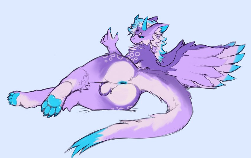 anthro anus ball_tuft balls beckoning bedroom_eyes black_sclera blue_anus blue_claws blue_eyes blue_horn blue_paws blue_penis butt butt_heart claws fluffy fluffy_tail fur genitals gesture gradient_fur hair highlights_(coloring) horn male markings narrowed_eyes penis pink_body pink_fur presenting presenting_hindquarters purple_body purple_fur purple_wings seductive simple_background solo tail tuft white_body white_fur white_hair white_markings wings pompsadoodle mythology acai_(kariacai) dragon furred_dragon furred_scalie mythological_creature mythological_scalie scalie absurd_res hi_res