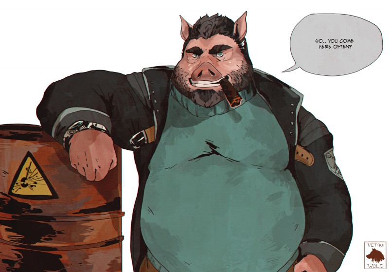 anthro barrel beard black_hair cigar clock clothed clothing facial_hair green_eyes hair jacket male overweight overweight_anthro overweight_male shirt simple_background solo speech_bubble text topwear watch white_background vetrowolf domestic_pig mammal suid suina sus_(pig) english_text hi_res