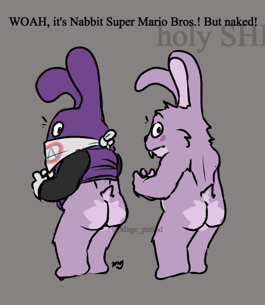 anthro barefoot blush blush_marks butt cheek_markings clothed clothing facial_markings feet floppy_ears fluffy fur gloves grey_background handwear head_markings kerchief looking_at_viewer looking_back looking_back_at_viewer male markings nude partially_clothed profanity purple_body purple_clothing purple_eyes purple_fur rear_view short simple_background solo surprise surprised_expression text tuft undressing undressing_self mage_period mario_bros nintendo nabbit lagomorph leporid mammal rabbit 2022 digital_drawing_(artwork) digital_media_(artwork) english_text flat_colors signature watermark