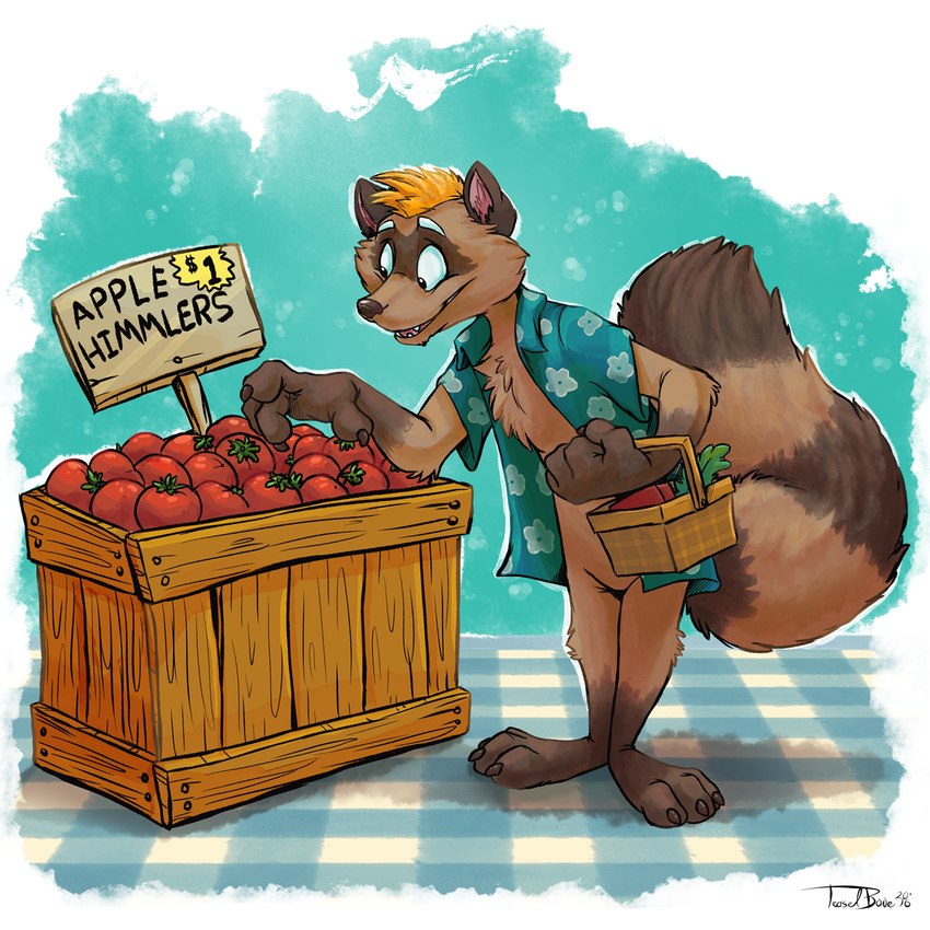 3_toes 4_fingers abstract_background anthro basket biped blonde_hair blue_clothing blue_shirt blue_topwear border bottomless bottomless_anthro bottomless_male brown_body brown_claws brown_finger_claws brown_fur brown_nose brown_toe_claws claws clothed clothed_anthro clothed_male clothing container crate eyebrows facial_markings featureless_crotch feet finger_claws fingers fluffy fluffy_tail food fruit fur gloves_(marking) groceries hair head_markings holding_basket holding_container holding_object humanoid_hands leg_markings male male_anthro markings mask_(marking) open_clothing open_mouth open_shirt open_smile open_topwear pattern_clothing pattern_shirt pattern_topwear pink_inner_ear plant plantigrade price ring_(marking) ringed_tail shirt shirt_only sign smile socks_(marking) solo standing striped_markings striped_tail stripes tail tail_markings teeth text three-quarter_view toe_claws toes tomato toony topwear topwear_only white_border white_eyebrows teaselbone cooner_(cooner) mammal procyonid raccoon 1:1 2016 digital_media_(artwork) english_text full-length_portrait handwritten_text hi_res portrait shaded signature