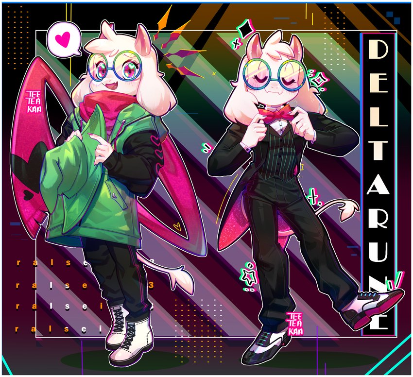 abstract_background anthro black_tie_(suit) border bottomwear bow_tie butler clothed clothing eyewear femboy footwear fur glasses hat headgear headwear heart_symbol horn jacket kemono male official_alternate_costume pants round_glasses shoes sneakers solo standing suit text topwear white_body white_border white_fur teeteekaa deltarune undertale_(series) ralsei bovid caprine darkner goat mammal 2021 copyright_name digital_media_(artwork) digital_painting_(artwork) english_text hi_res painting_(artwork)