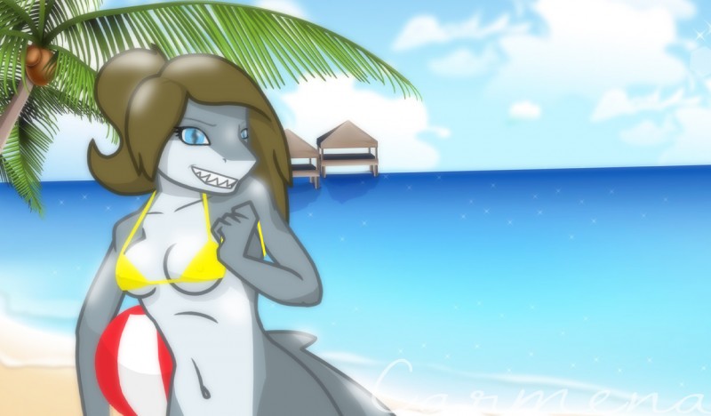 adolescent anthro beach bikini blue_eyes breasts brown_hair clothing cloud female grey_body grey_skin hair nipple_outline non-mammal_breasts outside seaside sky smile smirk solo swimwear teasing teeth two-piece_swimsuit under_boob wide_hips young eightysix fish marine shark hi_res