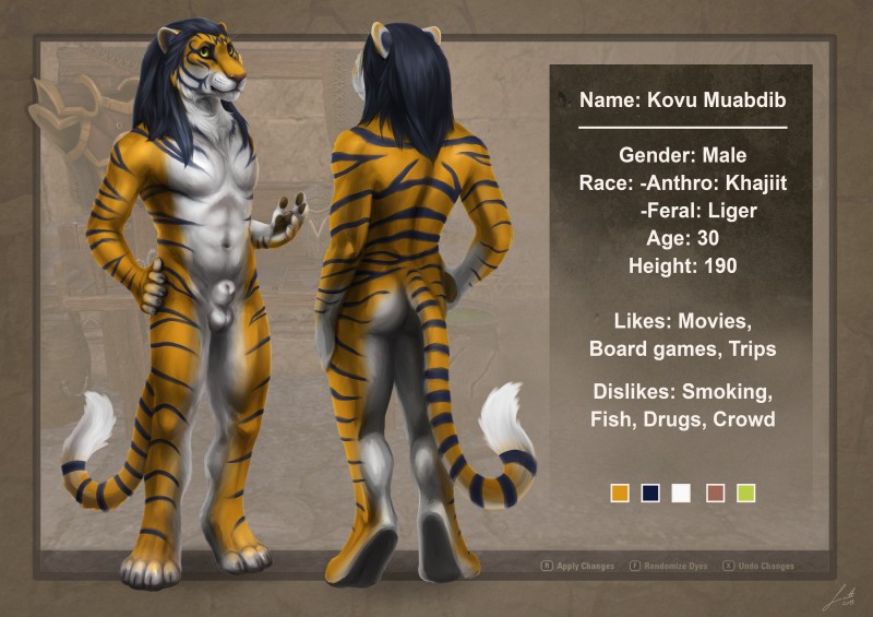 animal_genitalia anthro balls biped fur genitals hair male nude nudist sheath solo striped_body striped_fur stripes text yellow_eyes lutti microsoft the_elder_scrolls kovu_muabdib felid hybrid khajiit liger lion mammal pantherine tiger 2019 absurd_res english_text hi_res model_sheet