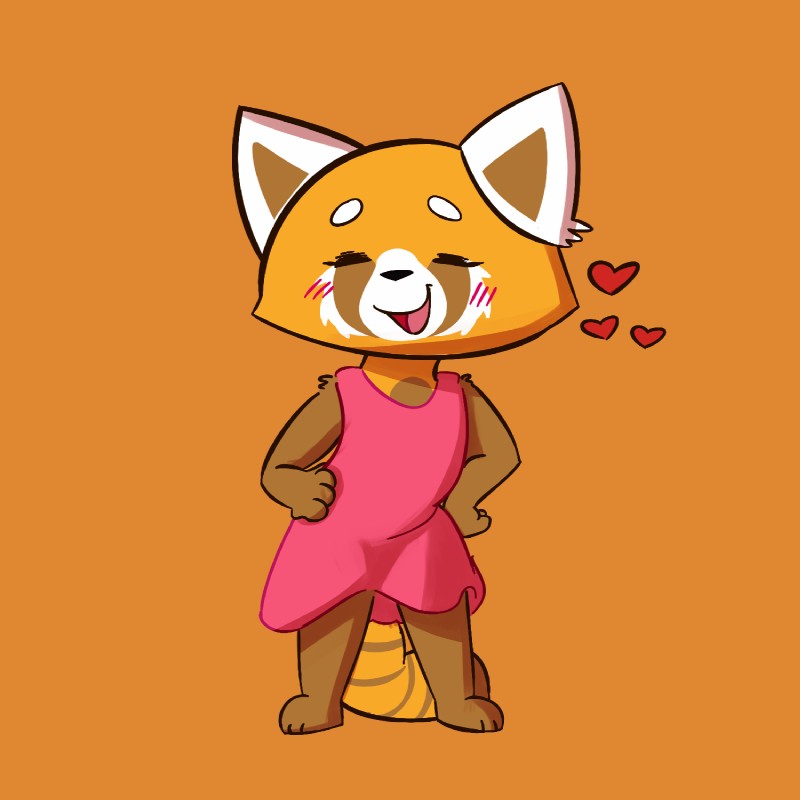 anthro barefoot biped clothing dress eyelashes eyes_closed feet female happy heart_symbol open_mouth orange_background simple_background smile solo gabbah aggretsuko sanrio retsuko ailurid mammal red_panda 1:1 hi_res