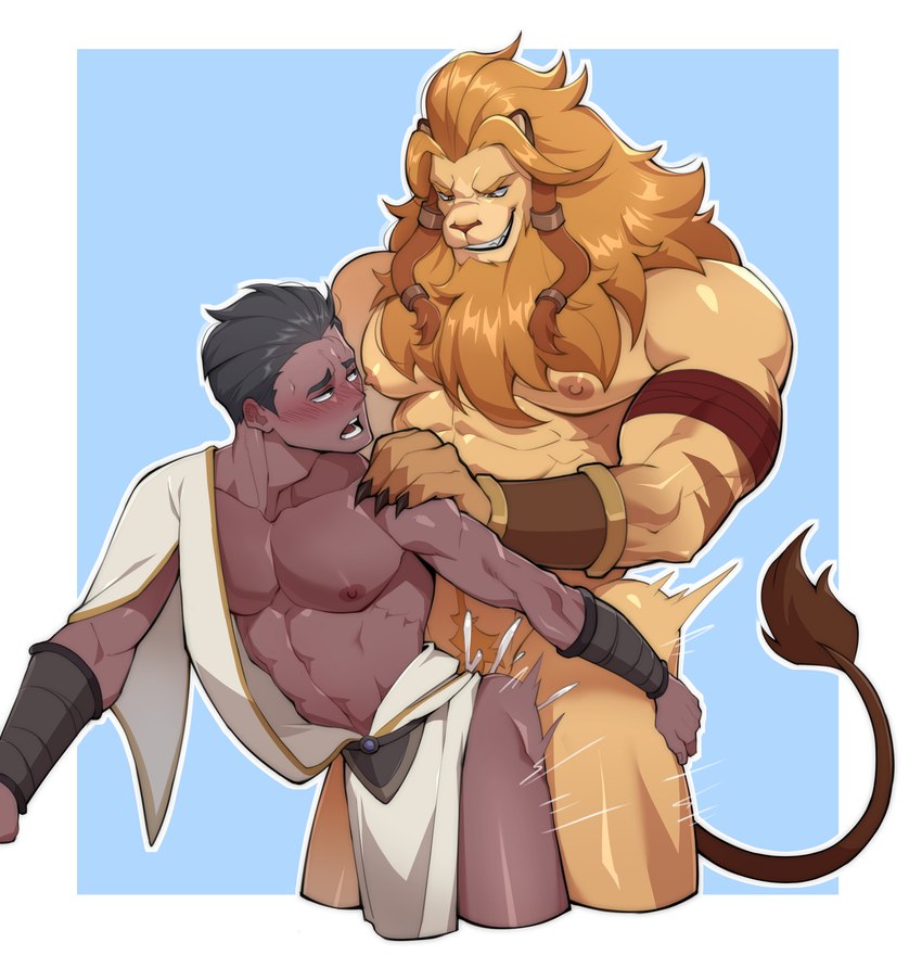 abs anal anal_penetration anthro anthro_dominating_human anthro_penetrating anthro_penetrating_human arm_scar big_muscles big_nipples big_pecs black_hair blonde_mane blush bodily_fluids braided_mane cum cum_in_ass cum_inside dark_body dark_skin dominant dominant_anthro dominant_male duo fur genital_fluids grin hair holding_partner human_on_anthro human_penetrated interspecies larger_anthro larger_male leaking_cum looking_pleasured male male/male male_penetrated male_penetrating male_penetrating_male mane muscular muscular_anthro muscular_human muscular_male nipples nude orgasm pecs penetration penile penile_penetration penis_in_ass pubes scar sex size_difference smaller_human smaller_male smaller_penetrated smile submissive submissive_human submissive_male sweat yellow_body yellow_fur muto2000_(artist) afk_arena afk_journey lilith_games brutus_(afk_arena) magister_(afk_arena) felid human lion mammal pantherine absurd_res hi_res