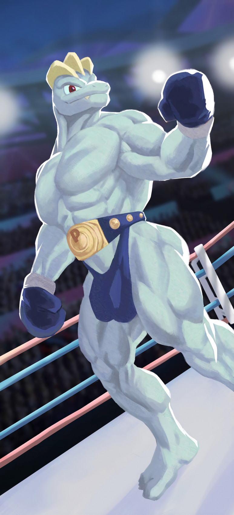 abs anthro barefoot belt blue_body blue_clothing boxing_gloves bulge championship_belt clothed clothing detailed_bulge feet fighting_ring handwear male muscular muscular_anthro muscular_male muscular_thighs pecs red_eyes solo stadium standing thong underwear wrestler tiburalgo nintendo pokemon generation_1_pokemon humanoid machoke pokemon_(species) absurd_res hi_res