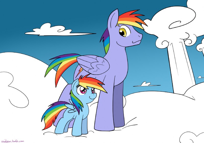 blue_body blue_feathers blue_fur cloud cloudsdale cutie_mark duo feathered_wings feathers female feral fur hair male multicolored_hair multicolored_tail outside purple_eyes rainbow_hair rainbow_tail sky skyscape standing tail wings yellow_eyes young young_feral reiduran friendship_is_magic hasbro my_little_pony mythology rainbow_blaze_(mlp) rainbow_dash_(mlp) equid equine mammal mythological_creature mythological_equine pegasus 2013