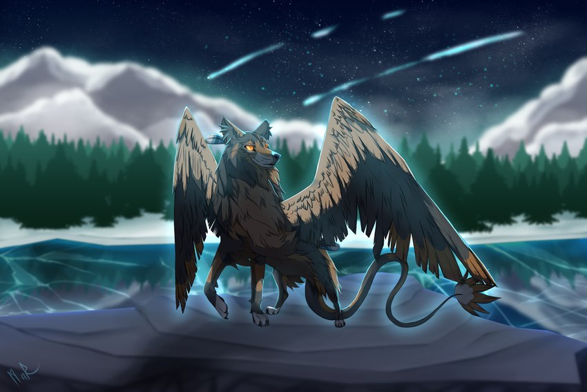 digitigrade feathered_wings feathers female feral forest lake mountain night plant quadruped rock sky solo star starry_sky tree wings marmenuar canid canine fox hybrid mammal unknown_species full-length_portrait hi_res portrait