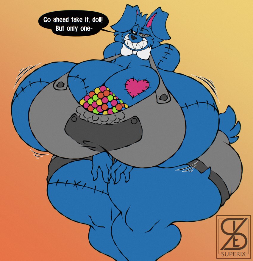 anthro big_breasts black_eyes black_nose blue_body blue_ears blue_tail bottomwear bow_tie breast_squish breasts button_(fastener) button_eyes candy clothing crossgender curvy_figure dessert dialogue female food front_view grey_bottomwear grey_clothing grey_eyes grey_shorts grey_topwear gum gumball_(candy) hourglass_figure hourglass_figured_anthro hourglass_figured_female huge_breasts huge_thighs hyper hyper_breasts hyper_thighs looking_at_viewer motion_lines orange_background pink_inner_ear plushie scut_tail sharp_teeth short_tail shorts simple_background smile smiling_at_viewer solo speech_bubble squish tail teeth text thick_thighs tight_clothing topwear white_bow_tie superix activision call_of_duty treyarch mister_peeks animate_inanimate lagomorph leporid living_plushie mammal rabbit 2024 artist_name colored digital_media_(artwork) english_text flat_colors hi_res watermark