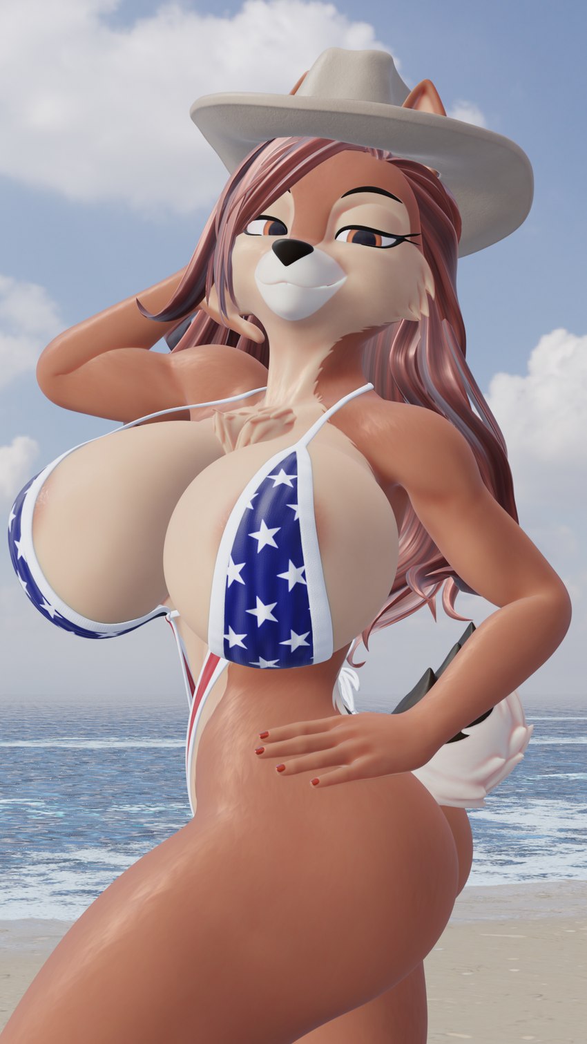 american_flag_bikini anthro beach bikini breasts butt clothing female flag_bikini hat headgear headwear looking_at_viewer nipples smile solo swimwear two-piece_swimsuit haolde blender_eevee disney chip_(disney) 3d_(artwork) 9:16 digital_media_(artwork) hi_res