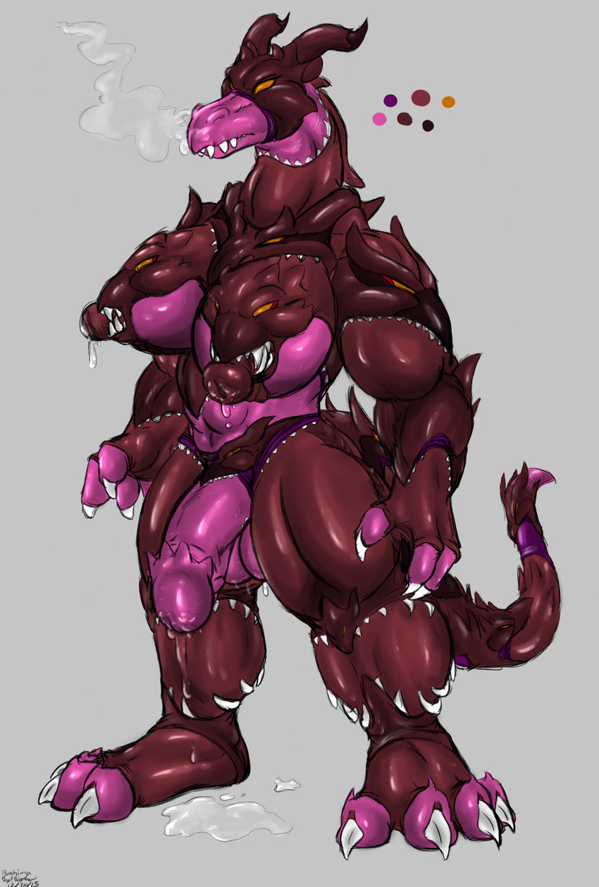 anthro armor big_nipples big_penis breasts clothed clothing compound_eyes flaccid genitals gynomorph intersex mask nipples nude parasite penis skimpy smoke tail what bigshow mythology dragon hybrid mythological_creature mythological_scalie scalie summon hi_res herm_(lore)