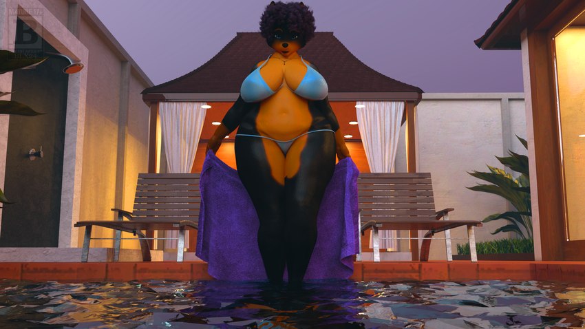 bikini breasts cleavage clothed clothing female swimwear towel two-piece_swimsuit wide_hips blx24 canid canine canis dobermann domestic_dog mammal pinscher 16:9 3d_(artwork) digital_media_(artwork) hi_res widescreen