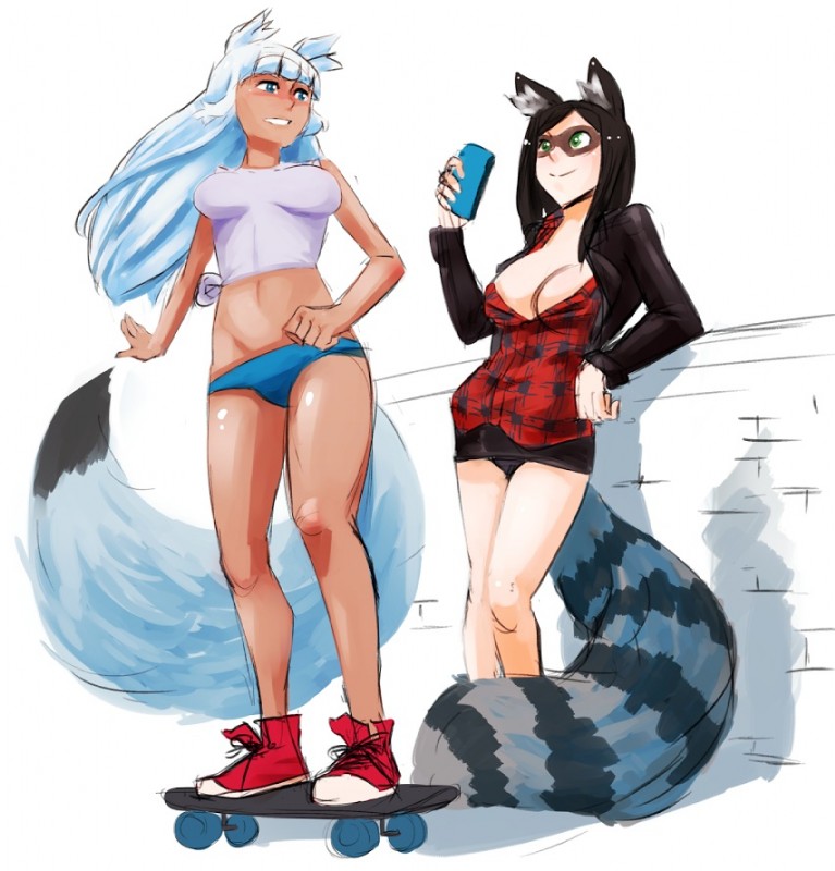 breasts cleavage clothed clothing duo female fur hair markings skateboard vehicle whisker_markings alertmode bunny_and_fox_world arctix_(talaniss) bandit_(cathare) animal_humanoid arctic_fox canid canid_humanoid canine canine_humanoid fox fox_humanoid humanoid mammal mammal_humanoid procyonid procyonid_humanoid raccoon raccoon_humanoid true_fox