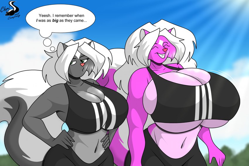 anthro big_breasts breasts cleavage clothed clothing cloud duo female huge_breasts sky smile sun under_boob chrisandcompany sports_bra_difference_meme kelsey_sienna lucy_skye_diamond mammal mephitid skunk hi_res