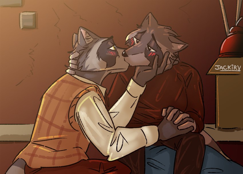 anthro biped blush bottomwear clothing detailed_background duo hand_holding humanoid_hands kiss_on_lips kissing male male/male pants shirt sitting topwear jackiry tails_noir howard_lotor larry_(tails_noir) mammal procyonid raccoon 2023 hi_res